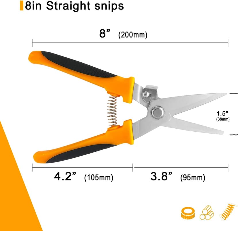 8" Aviation Tin Snips for cutting metal sheet,Heavy Duty Scissors with Safety Lock,Metal Snips cut wires,cardboard,branches,light metal,plastic zip ties,Fabric