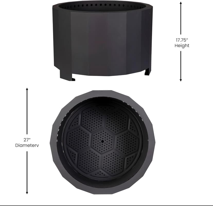 Flash Furniture Titus Commercial Grade Wood Burning Smokeless Outdoor Firepit - Black Finish - 27 inches - Portable - Waterproof Cover