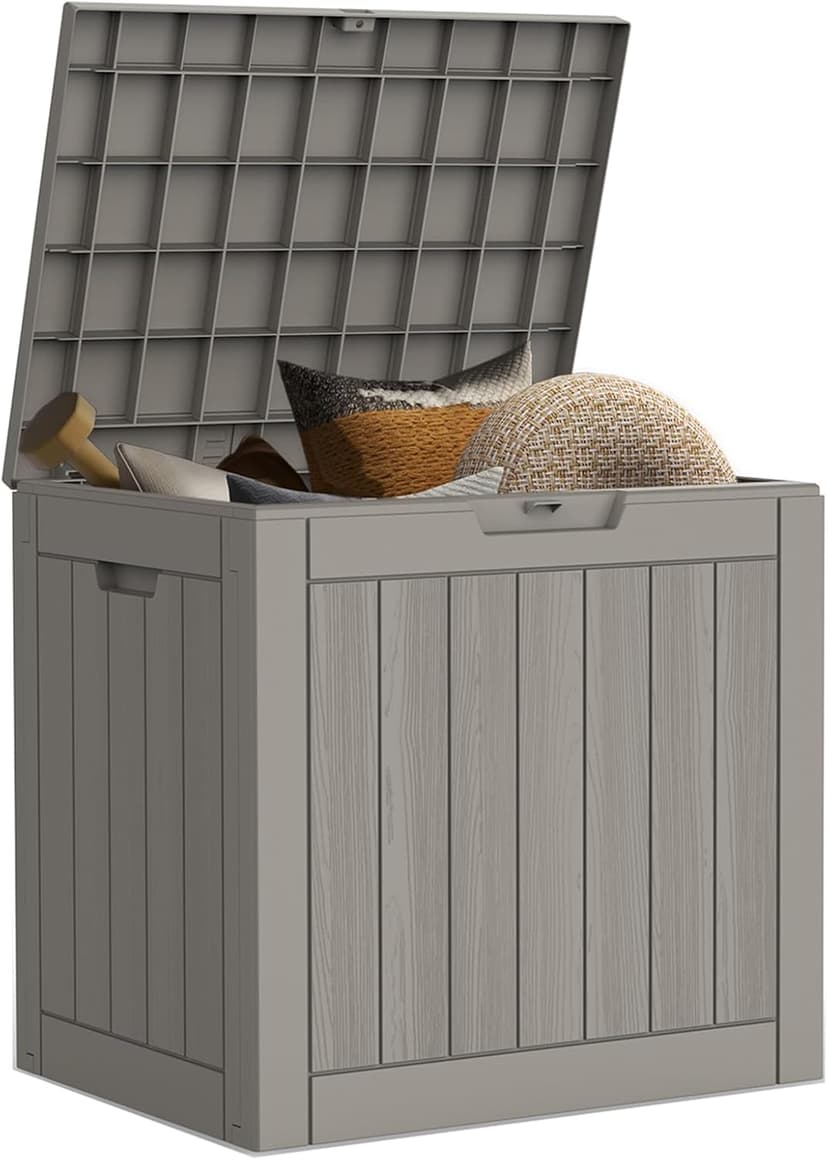 Deck Box, Waterproof Weatherproof and UV Resistant Resin Storage Bin with Lockable Lid, Ideal for, Outdoor, Patio Furniture Cushions, Pool Supplies, Garden Tools (31 Gallon, Grey)