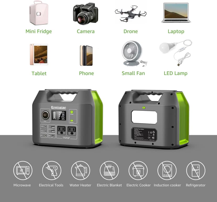 EnginStar Solar Generator, 300W Portable Power Station, 296Wh Lithium Battery Backup w/Two 110V Pure Sine Wave AC Outlet for Camping Road Trip RV, 80000mAh Sufficient Power Supply for Blackout