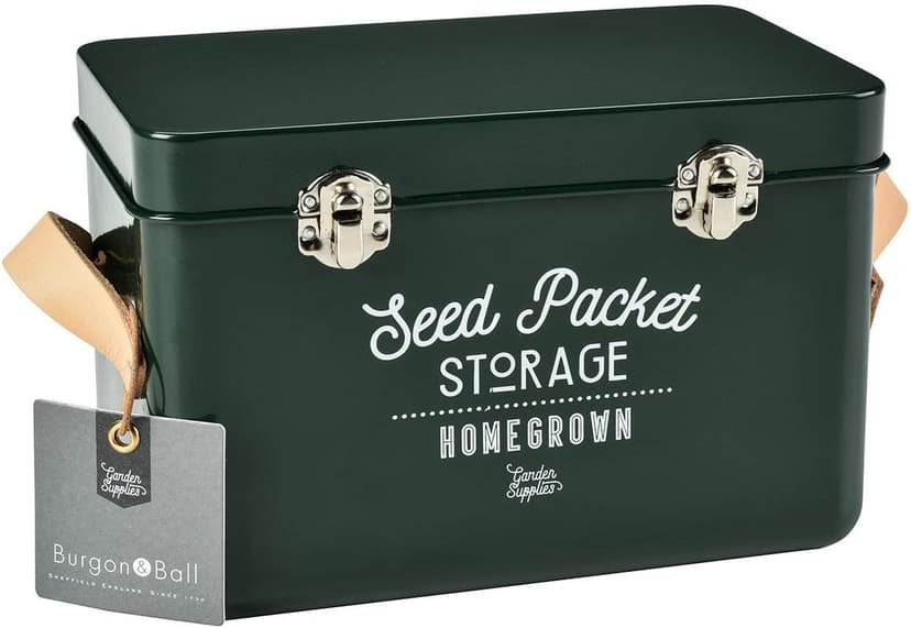 Burgon & Ball Seed Packet Storage Box Container Tin in Frog Green with Inside Dividers for Organization with Lid, Side Handles and Latches