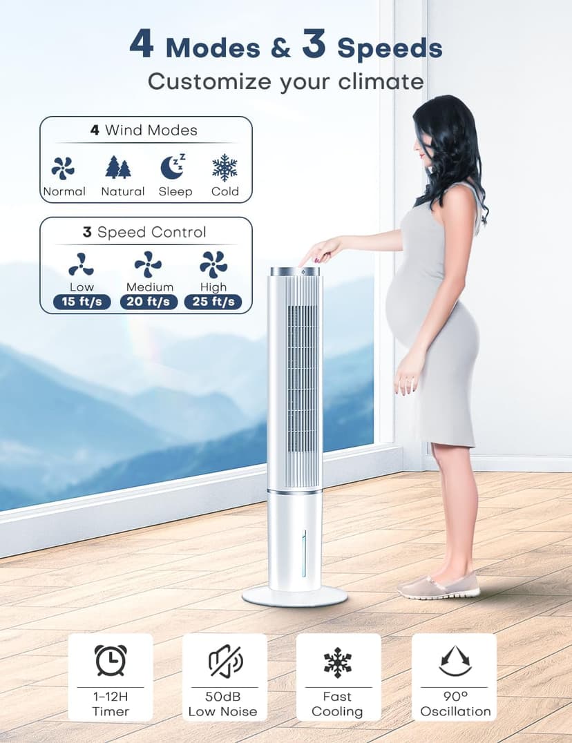 42 INCH Portable Air Conditioners w/Remote & LED Touch Screen, 4 Modes & 3 Speeds, 1-Gal Tank for 15H Cooling Evaporative Air Cooler, 12H Timer for Smart Auto-Off, 90° Oscillating Swamp Cooler