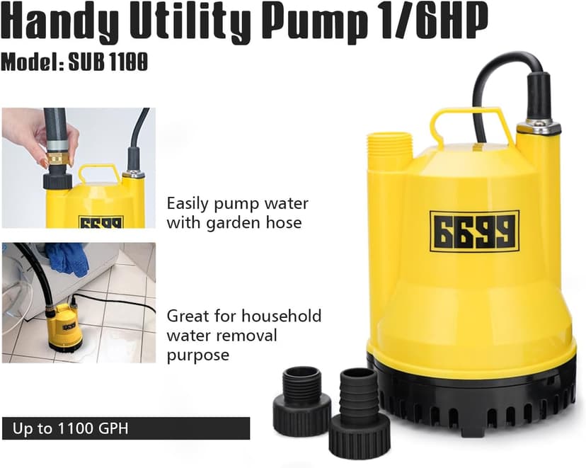 1/6HP Portable Utility Pump Submersible Small Backup Sump Pump Draining pump to Remove Water from Flooding House Basement Pool Tankless Heater Flushing Pump with 10-Foot Cord SUB 1100