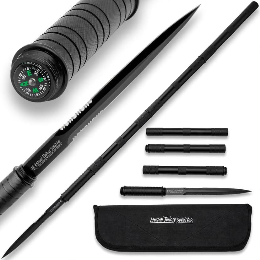 Amazon Jungle Survivor Break-Down Spear | Non-Reflective Finish 2Cr13 Stainless Steel Blade | Textured Steel Shaft | Zippered Carrying Case | Black Oxide Finish | Versatile | 45 1/2" Overall