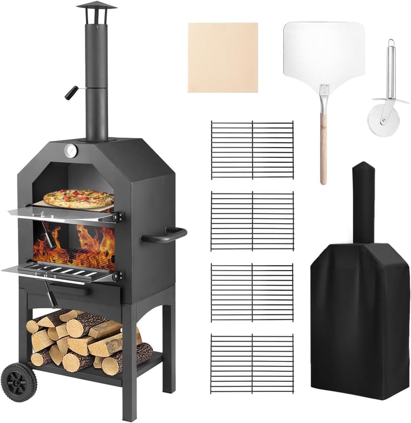 Pizza Oven Outdoor, Wood Fire Pizza Ovens for Outside, Pizza Maker with Waterproof Cover, 12" Pizza Stone, Pizza Spatula and 4pcs Grill Rack Included for Camping Backyard BBQ