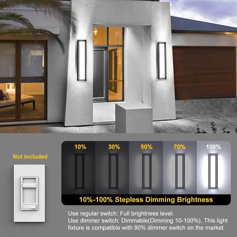 Outdoor Wall Sconce Lights,2Packs 10%-100% Dimmable LED Modern Porch & Patio Wall Light Fixture, 23.6in Black Exterior Sconce Wall Mounted Lights Suitable for Garage Courtyard House(6000K)