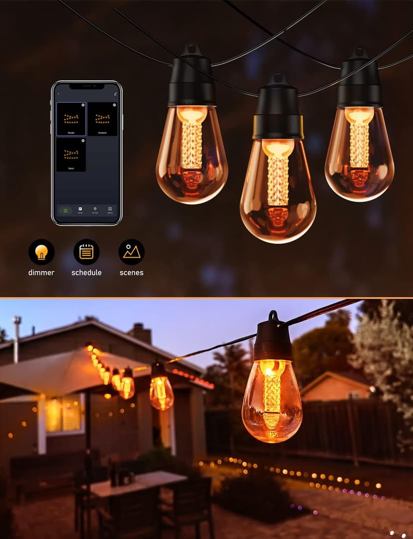 Outdoor String Lights with Dimmer - 50Ft Led Patio Lights App Control Commercial Grade Weatherproof Outside Light with Timer 3 Modes 25 S14 Edison Vintage Shatterproof Bulbs for Patio Garden Backyard