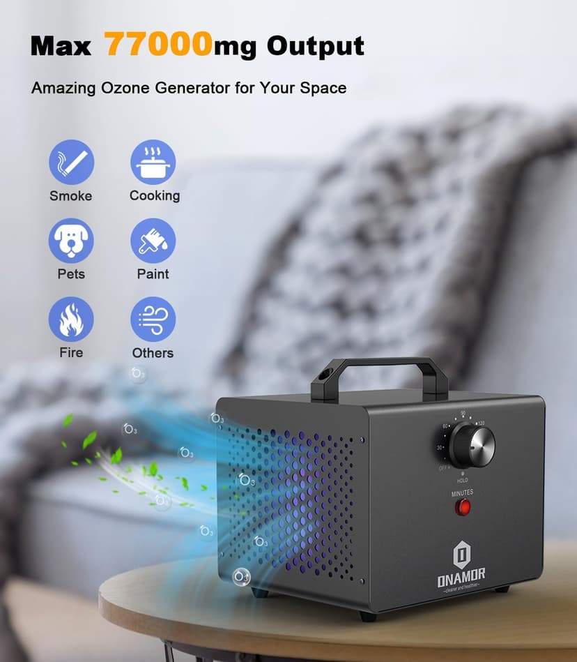 ONAMOR Ozone Generator 77000mg, Ozone Machine Ionizer O3 Deodorizer for Home, Basement, Smoke, and Pet Room (Eliminating Odors Area up to 4000 Square Feet, All Metallic Black)