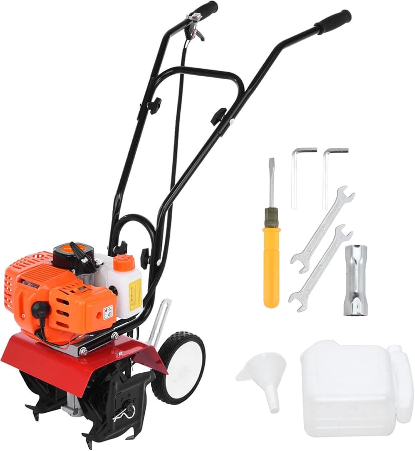 Garden Tiller Gas Powered,Garden Tiller,52cc 2 Stroke 9000RPM Cordless Tiller Cultivator,6-inch Depth Digging Petrol Cultivator 1.2L Fuel Tank Mini Tiller for Lawn Yard Soil Cultivation