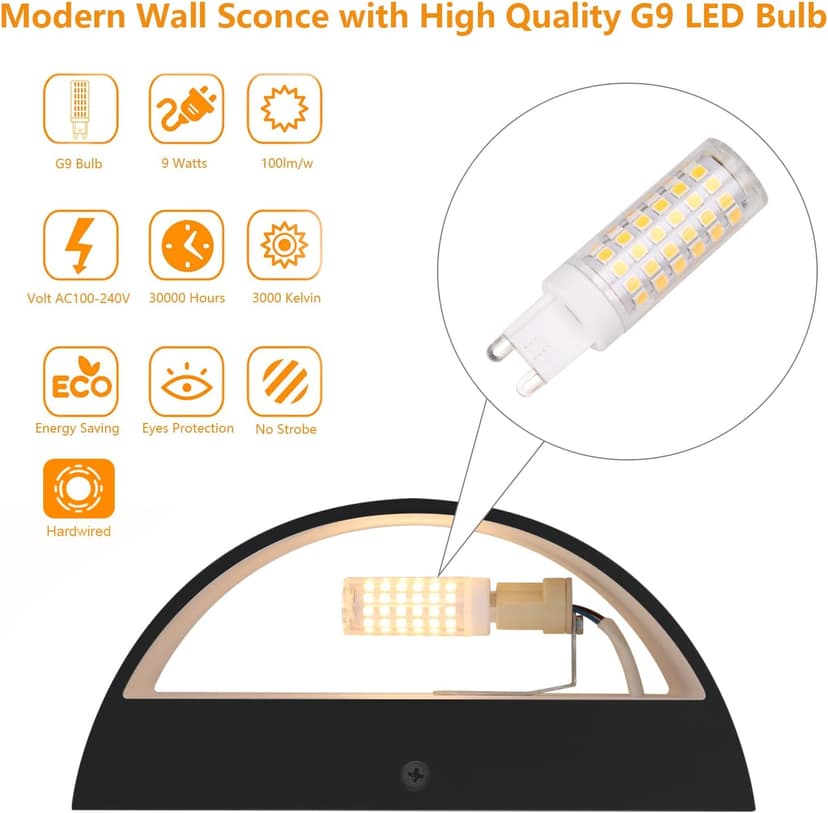 Aipsun Black Modern LED Wall Sconce Indoor Wall Lights 1 Pack Hardwired Up and Down Wall Mount Light for Living Room Bedroom Hallway Corridor Conservatory Warm White 3000K(with G9 Bulbs)