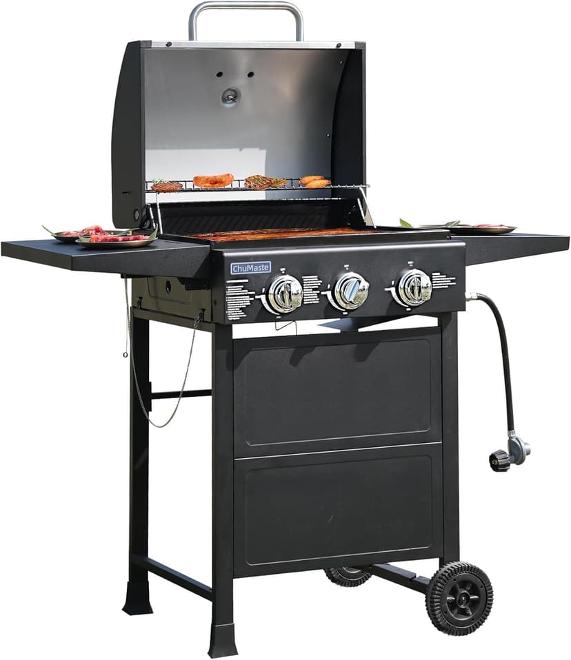 Grill Propane 3 Burner Gas Outside, Bbq with Thermometer, Patio grill For Small gatherings, asadores de gas 30000 BTU. Barbecue grill with Foldable Rack.