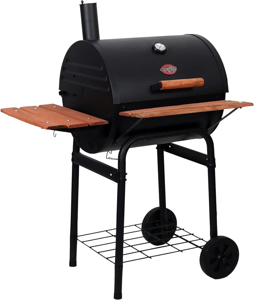 Char-Griller® Wrangler® Charcoal Grill in Black with Wood Shelves, EasyDump™ Ash Pan, Premium Wood Front and Side Shelves with Utensil Hooks, 635 Cooking Square Inches in Black, Model E2123