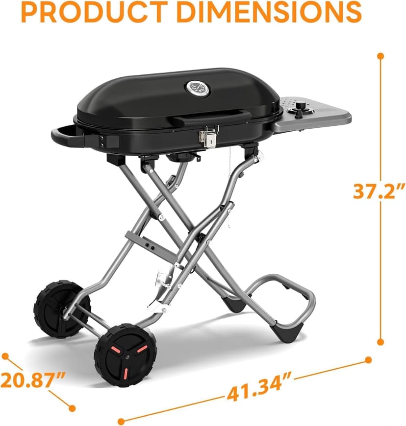 Portable Propane Gas Grill, 15,000 BTU Foldable Outdoor Grill with 348 Sq. In. Grilling Area for Camping, BBQ, Parties, Backyard, Beach Outings