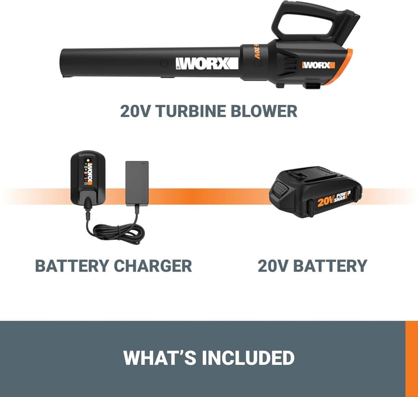 WORX WG547 20V Cordless Leaf Blower, Electric Blower with Turbine Fan, Blowers for Lawn Care with 2 Speed Control, Battery & Charger Included