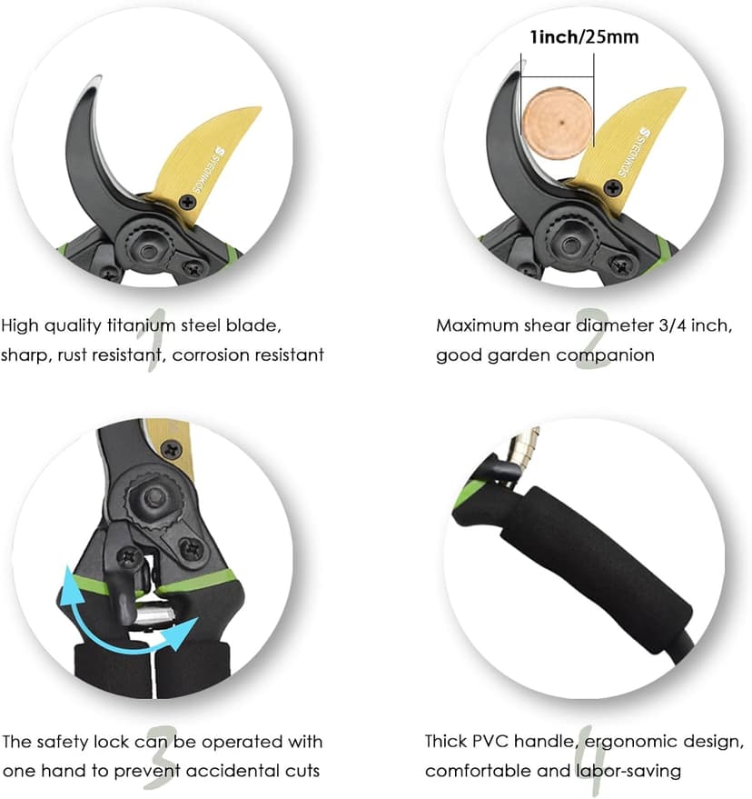 Secateurs, Premium Titanium Garden Pruning Shears, Gardening Scissors, Bypass, Ergonomic Shape, Garden Secateurs, Professional Hand Pruners, Hedge Shears
