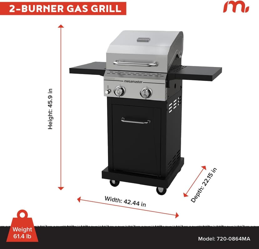 2-Burner Propane Barbecue Gas Grill with Foldable Side Tables, Perfect for Camping, Outdoor Cooking, Patio, Garden Barbecue Grill, 28000 BTUs, Silver and Black, 720-0864MA