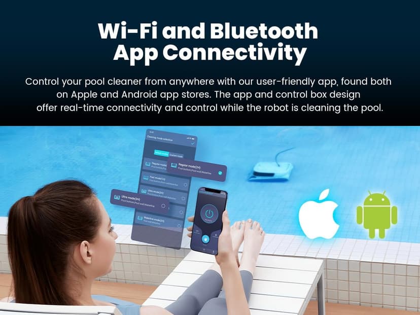 Hydro 4 Pool Robot, Pool Vacuum for Inground and Aboveground Pools, Floor, Wall and Waterline Cleaning and Scrubbing, Smart WiFi and Blutooth App Control, 50' Cord, Large Top Load Fine Filter Basket