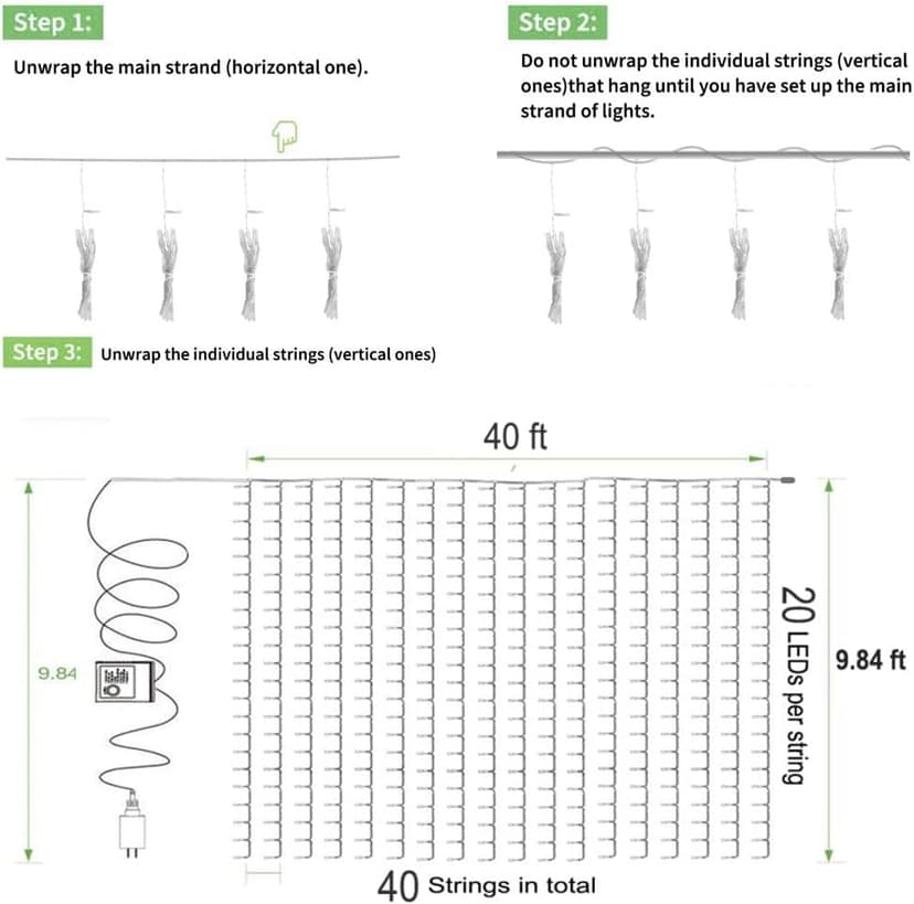 Solhice LED Curtain Lights Outdoor 40ft x10ft, 800 LED Plug in Hanging String Lights Indoor, Christmas Twinkle Lights Backdrop for Outside Backyard Patio Wedding Décor, Warm White (Not Connectable)