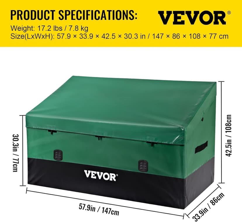 VEVOR Outdoor Storage Box, 230 Gallon Waterproof PE Tarpaulin Deck Box w/Galvanized Frame, All-Weather Protection & Portable, for Camping, Garden, Poolside, and Yard, Black & Green