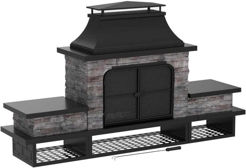 Sunjoy Outdoor Fireplace, Patio Wood Burning Fireplace with Steel Chimney, Mesh Spark Screen Doors, Fire Poker, and Removable Grate, Black