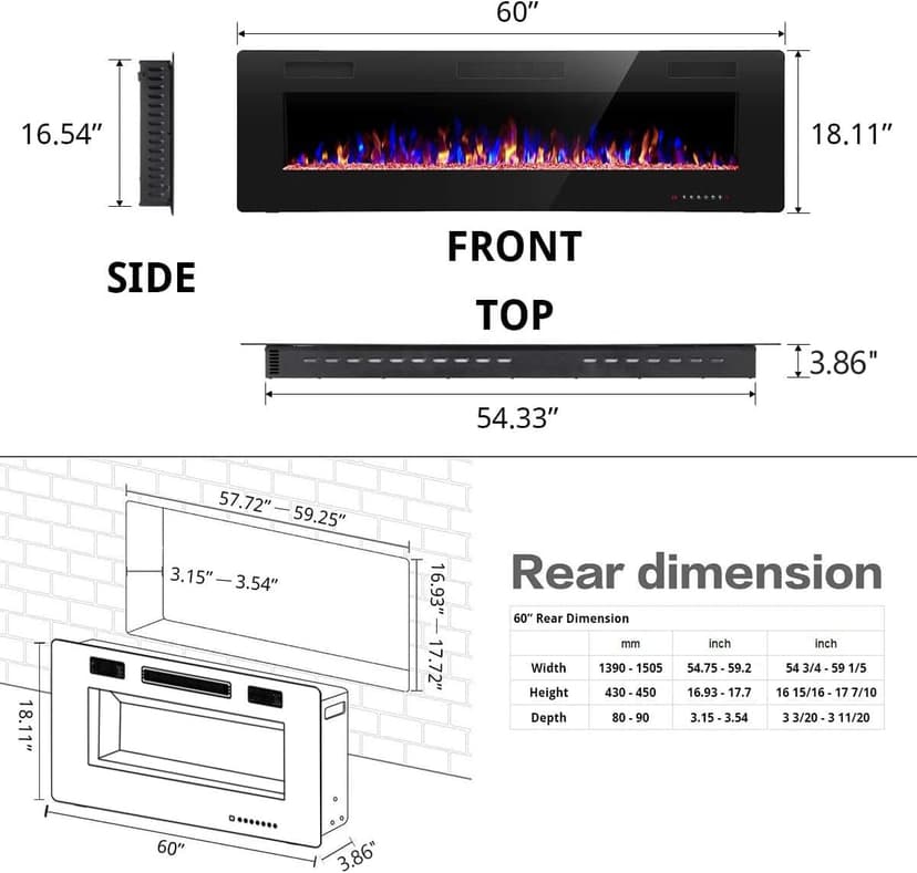 R.W.FLAME 60" Recessed and Wall Mounted Electric Fireplace, Low Noise, Fit for 2 x 6 Stud, Remote Control with Timer, Touch Screen, Adjustable Flame Color and Speed, 750-1500W