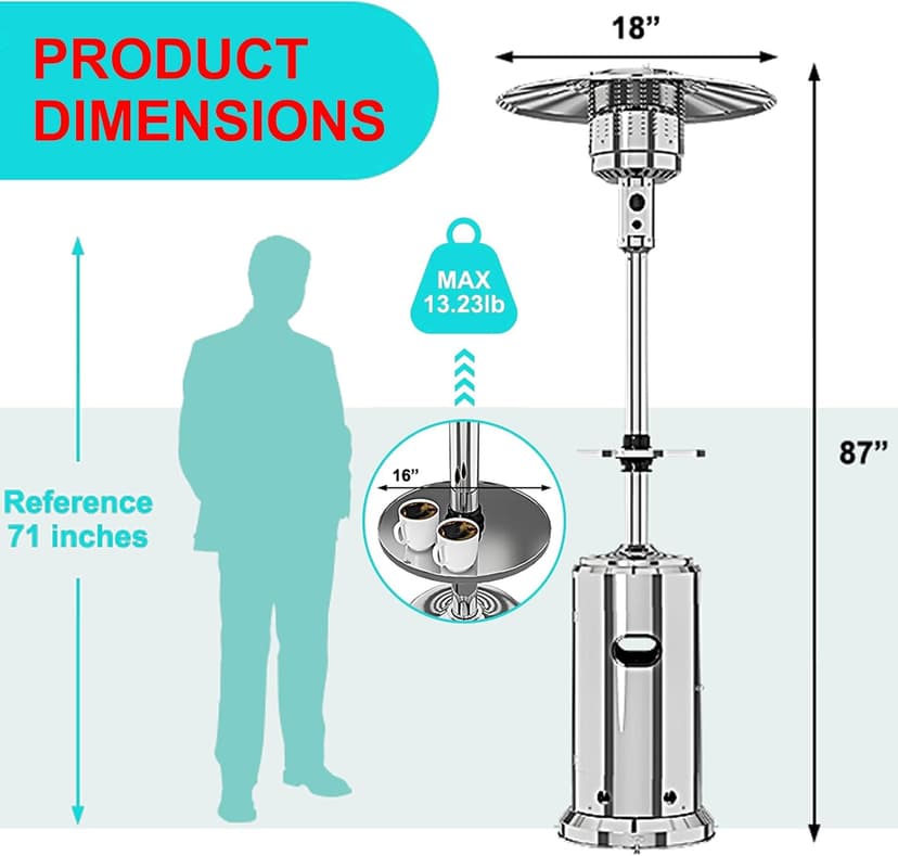48,000 BTU Patio Heater, Stainless Steel Propane Heater With Wheels, Portable Outdoor Heaters for Patio, Backyard, Balcony, Silver