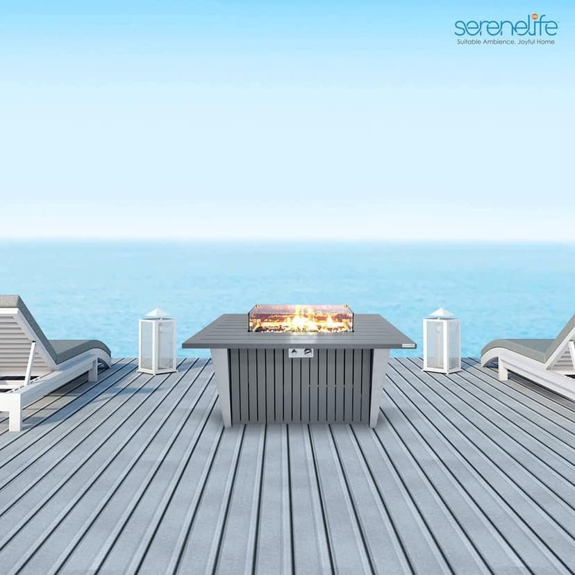 Outdoor Propane Fire Pit Table - CSA/ETL Certified 50,000 BTU Pulse Ignition Weatherproof Rectangle Propane Gas Fire Table w/Adjustable Flame - Glass Rocks Wind Guard, Black - SereneLife SLFPSX55
