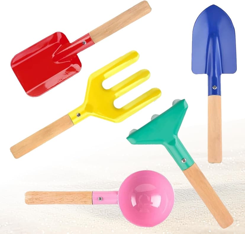 Beach Toys, 5 Pcs Kids Garden Tools, 8'' Children Beach Sand Toys Gardening Set with Sturdy Wooden Handle, Safe Kids Metal Beach Shovel with Spoon, Fork, Rake, Flat Shovel & Pointed Shovel