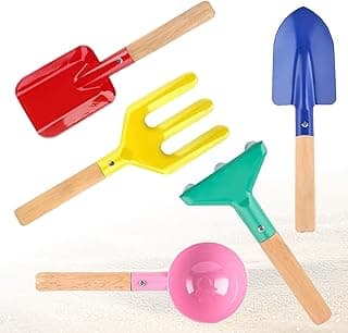Beach Toys, 5 Pcs Kids Garden Tools, 8'' Children Beach Sand Toys Gardening Set with Sturdy Wooden Handle, Safe Kids Metal Beach Shovel with Spoon, Fork, Rake, Flat Shovel & Pointed Shovel