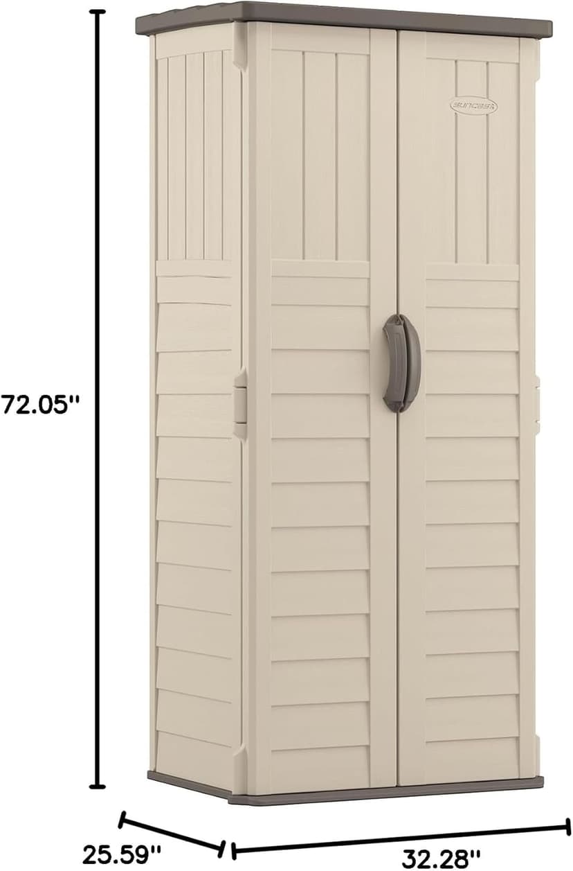 Suncast Vertical Outdoor Storage Shed with Reinforced Floor, Lockable Double Doors, All-Weather Construction, and Multi-Wall Panels, Vanilla, Made in the USA