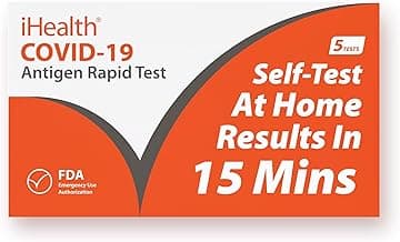 iHealth COVID-19 Antigen Rapid Test, 1 Pack, 5 Tests Total, FDA EUA Authorized OTC at-Home Self Test, Results in 15 Minutes with Non-invasive Nasal Swab, Easy to Use & No Discomfort