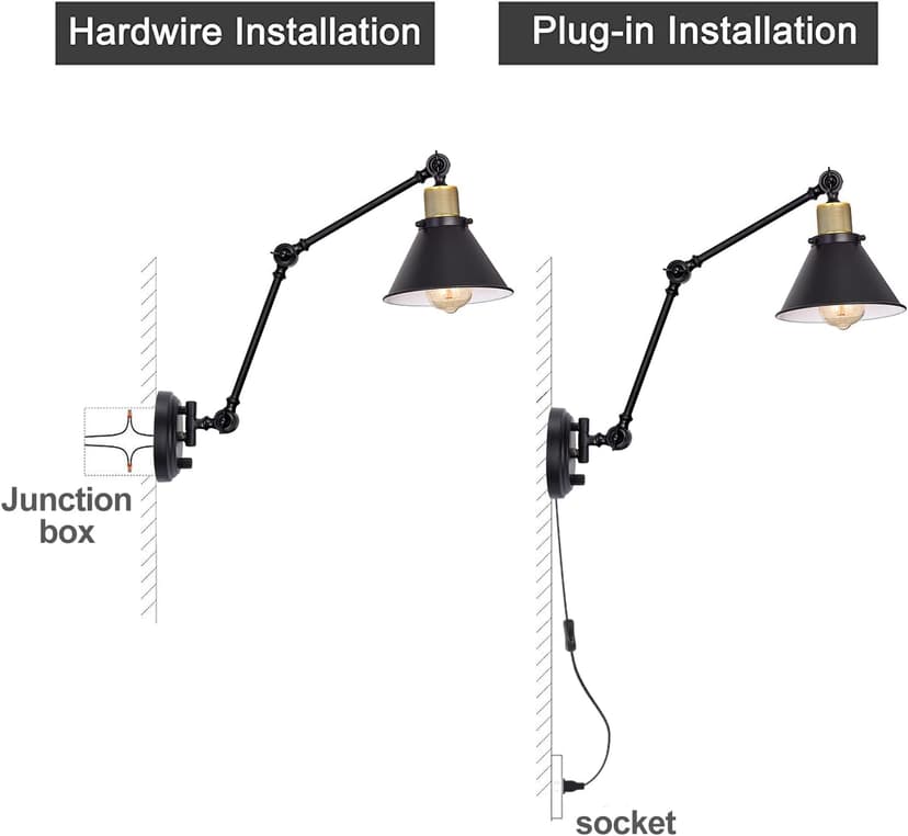 TRLIFE Wall Sconce Plug in, Dimmable Wall Sconce with Switch Swing Arm Wall Lights Plug in Wall Mounted Light Wall Sconces Lighting with 6FT Plug in Cord, E26 Base, UL Listed(Two Arms, 1 Pack)