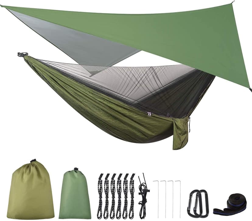 Camping Hammock with Rain Fly Tarp and Mosquito Net Portable Single Double Hammock Tent with Tree Strap Backpacking Hammock with Rain Cover for Hiking Travel Yard Activities Green