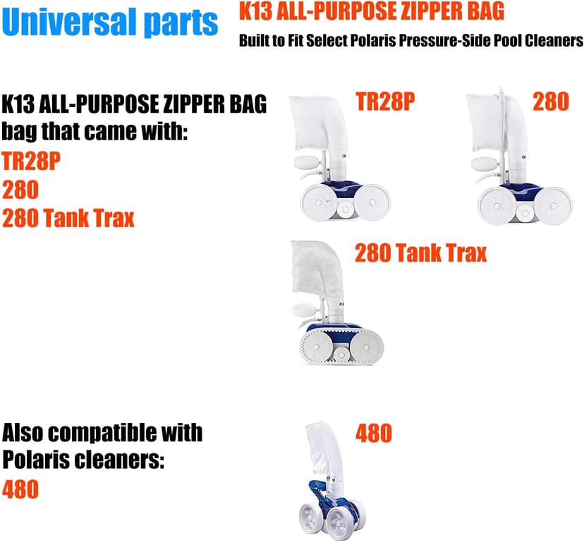 280 480 Pool Cleaner Bags Fit K13/k14/K16/TR28P/280/280 Tank Trax/480 Pool Cleaner, All Purpose Bags (280 480-3 Pack)