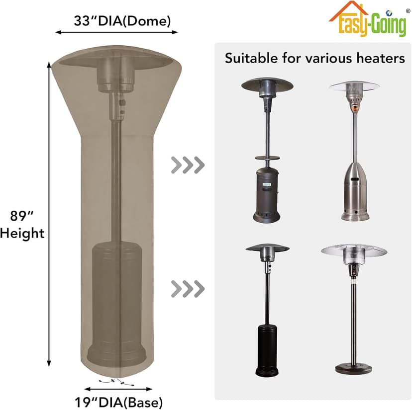 Easy-Going Patio Heater Cover with Zipper and Storage Bag, Waterproof Outdoor Heater Cover Dustproof, UV-Resisant, Wind-Resistant (89"H x 33"D x 19"B, Camel)
