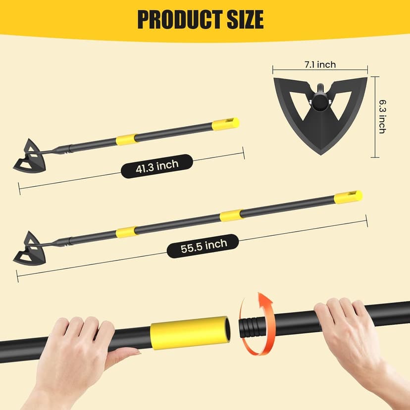 Hoe Garden Tools, 41.3 to 55.5 Inch Weeder Tool for Yard Long Handle, Garden Weeding Tool with Sharp Hoe and Comfort Grip for Loosening Soil, Weeding, Digging Trenches Gardening Tools