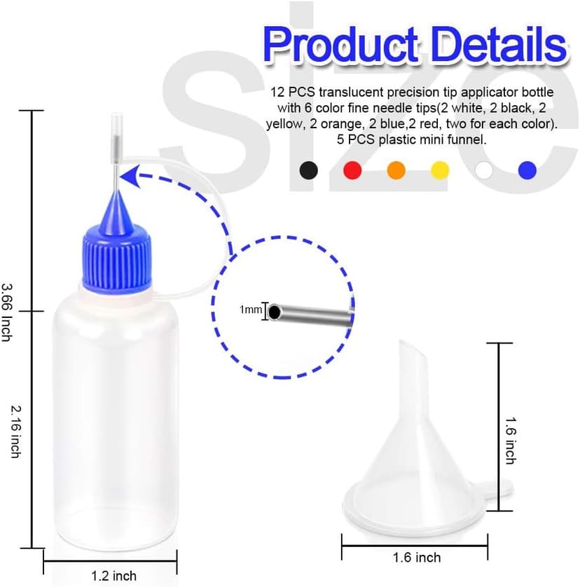 12pcs Precision Tip Applicator Bottles with 5 Mini Funnels, YGDZ 30ml Needle Tip Squeeze Glue Bottles for Paint Quilling Craft, 6 Colors