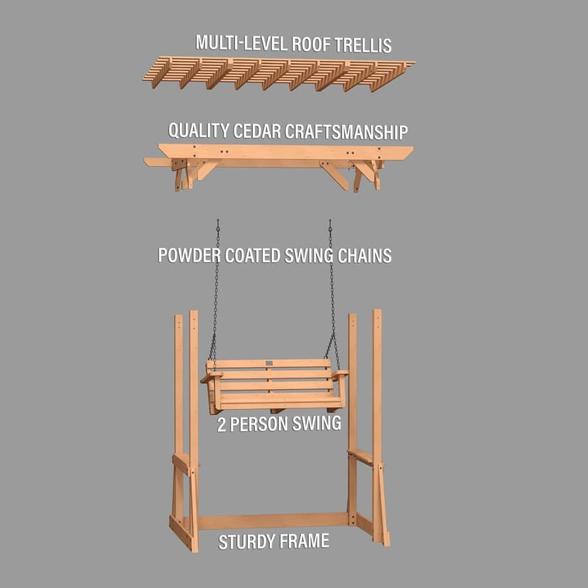 Backyard Discovery Callahan 8' x 5' Cedar Wood Outdoor Patio Pergola Swing Bench with Trellis, Two-Person Seating, Chains, Water Resistance, 600 Lb Weight Capacity for Porch, Patio, Deck, Garden