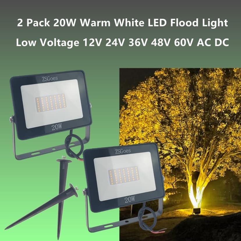 2 Pack 20W Watt Warm White LED Flood Light Outdoor Waterproof IP65, Wall Floodlight Security Landscape Light, Home, Square, Yard, Garage, Street, Pathway, Low Voltage 12V 24V 36V 48V 60V AC DC