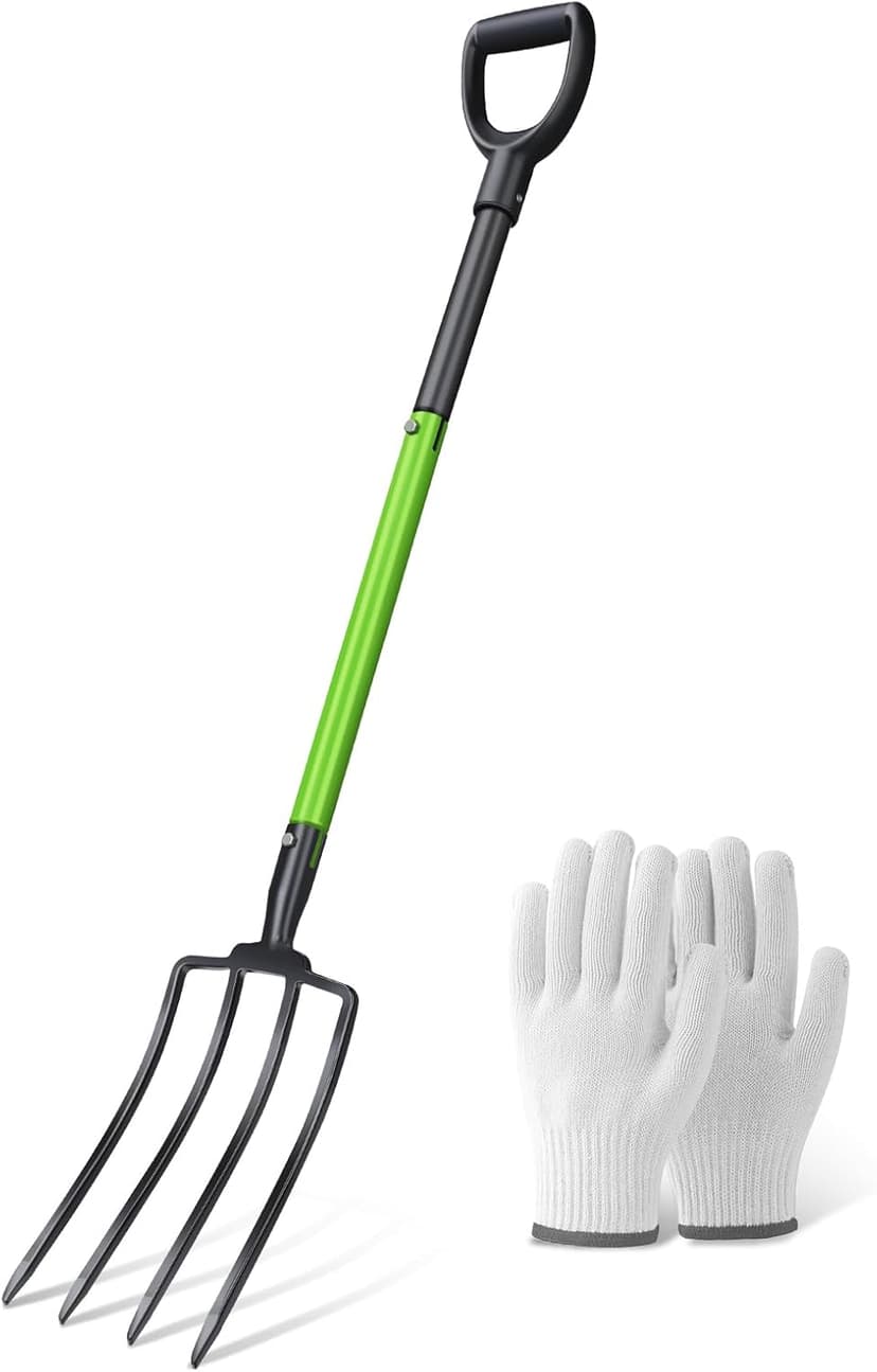 Heavy Duty Pitchfork,Garden Forks for Digging Compost Spading, 4-Tines Pitch Fork with High-Carbon Steel Handle, 45 inches Digging Fork(with Protective Gloves)