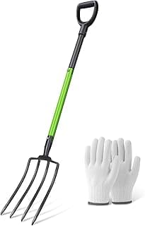 Heavy Duty Pitchfork,Garden Forks for Digging Compost Spading, 4-Tines Pitch Fork with High-Carbon Steel Handle, 45 inches Digging Fork(with Protective Gloves)