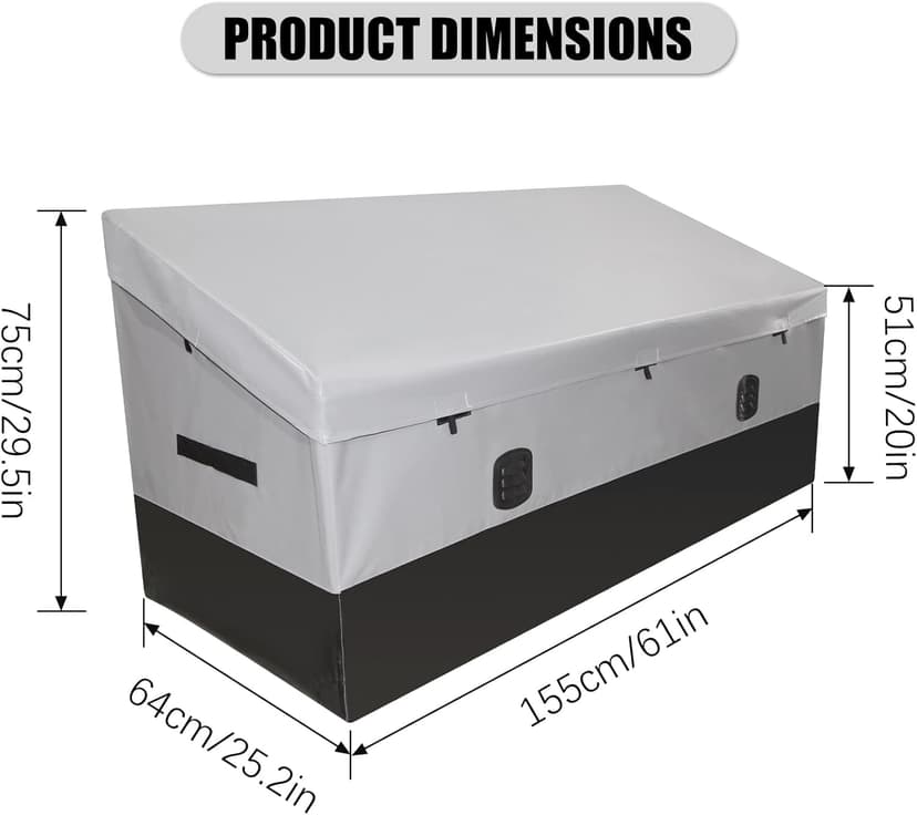 Outdoor Waterproof Storage Box, 150 Gallon, Waterproof PE Tarpaulin Deck Box w/Galvanized Metal Frame, All-Weather Protection & Portable, for Porch, Garden, Poolside, and Yard (Black & Grey)