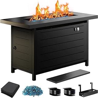 Ciays 43″ Propane Fire Pit with Glass Beads & Lid, 60,000 BTU CSA-Certified Gas Fire Pit with Cup Holders, Hanging Shelf & Nylon Cover, Large Fire Pit Table for Patio/Porch/Deck, Black