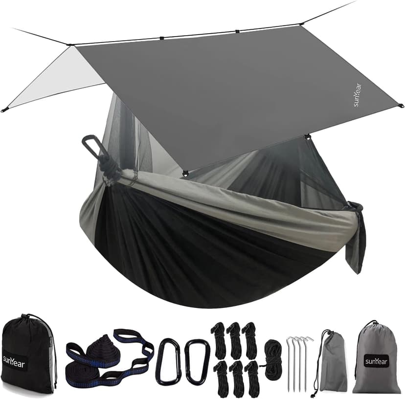 Sunyear Hammock Camping with Rain Fly Tarp and Net, Portable Camping Hammock Double Tree Hammock Outdoor Indoor Backpacking Travel & Survival, 2 Tree Straps,100% Waterproof