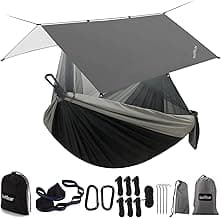 Sunyear Hammock Camping with Rain Fly Tarp and Net, Portable Camping Hammock Double Tree Hammock Outdoor Indoor Backpacking Travel & Survival, 2 Tree Straps,100% Waterproof