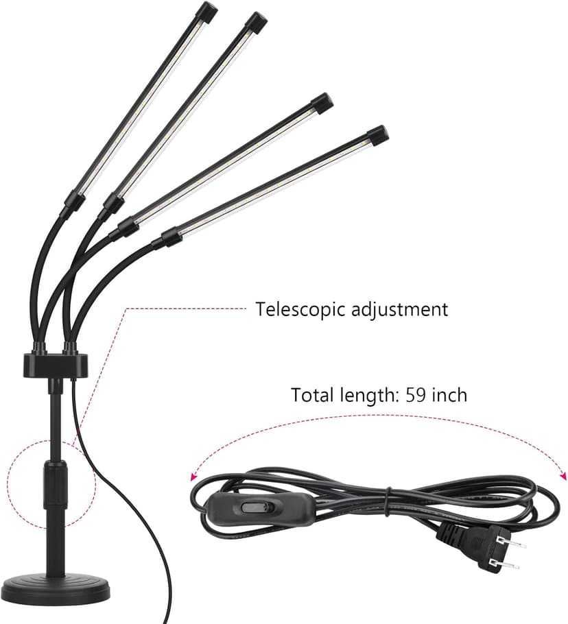 Grow Lights for Indoor Plants, Four Head LED Grow Light with Full Spectrum, Red White Spectrum for Indoor Plant Lamp, Adjustable Gooseneck, Suitable for Vegetation