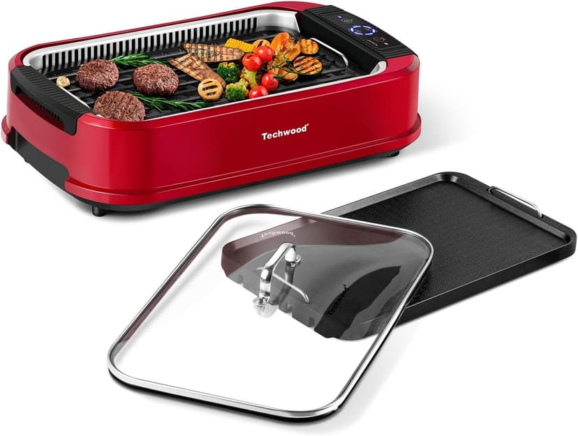 Indoor Smokeless Grill, Techwood 1500W Electric Indoor Grill with Tempered Glass Lid, Portable Non-stick BBQ Korean Grill, Turbo Smoke Extractor Technology, Drip Tray& Double Removable Plate, Red