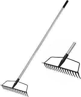 Garden Rake, Carbon Steel Sturdy and Heavy Duty Carbon Rake, Bow Rake with Adjustable Stainless Steel Handle, Long Hand for Loosening Soil Leveling Mulch Gathering Leaf
