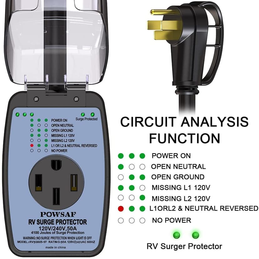 rv Surge Protector 50 amp with Waterproof Cover, rv Voltage Protector/Monitor with Surge Protection(4100 Joules), Designed with Easy to Use Handle, Black
