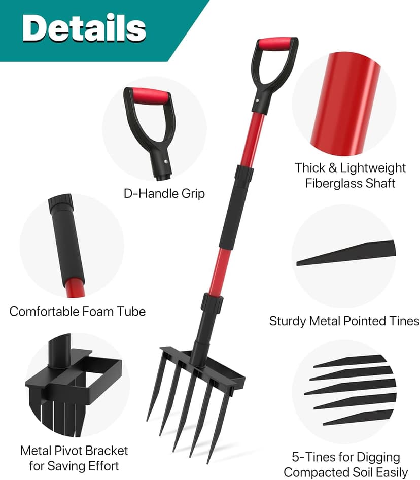 Pitch Fork for Garden, 5-Tine Heavy Duty Pitchfork for Loosening Soil, 41 Inch Gardening Fork for Digging, Composting, Spading, Cultivating Soil, Metal Fork Head with Fiberglass Handle, D-Grip